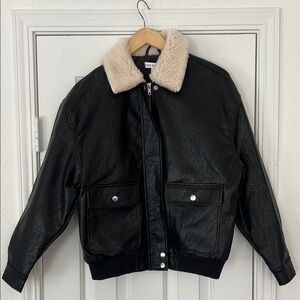 And Now This - Black Leather Jacket with Cream Collar XS